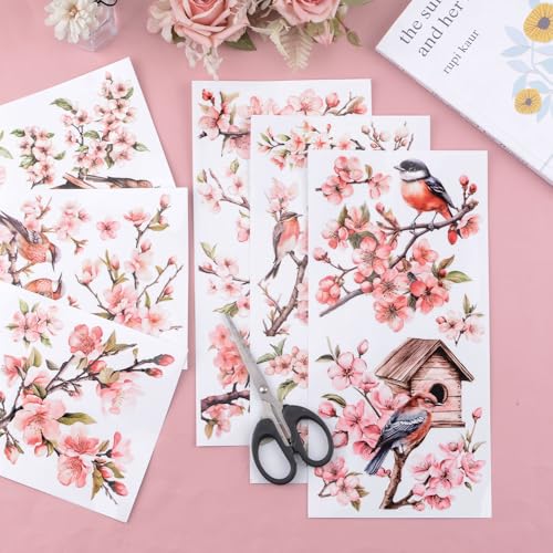 HICOHAND Rub on Transfers for Crafts 6 Sheets 15cmx30cm/5.91 * 11.81in Cherry Blossom and Bird UV DTF Waterproof Furniture Transfer Stickers for DIY Crafts Wood Glass Farbic - Image 4