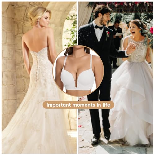 Image of JOYSHAPER Plunge Bras for Women Backless Push Up Bras Low Cut Padded Bras Shaper Convertible with Clear Straps Dress Bra