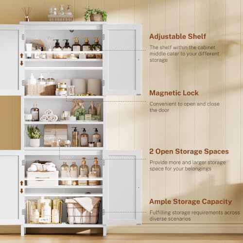 Image of TEENFON 66.9 inch H Tall Bathroom Storage Cabinet with 4 Doors & 2 Open Shelves | Bathroom Cabinet with Adjustable Shelves, Large Capacity Cabinet for Kitchen, Living Room, Entryway, Laundry & Pantry, White