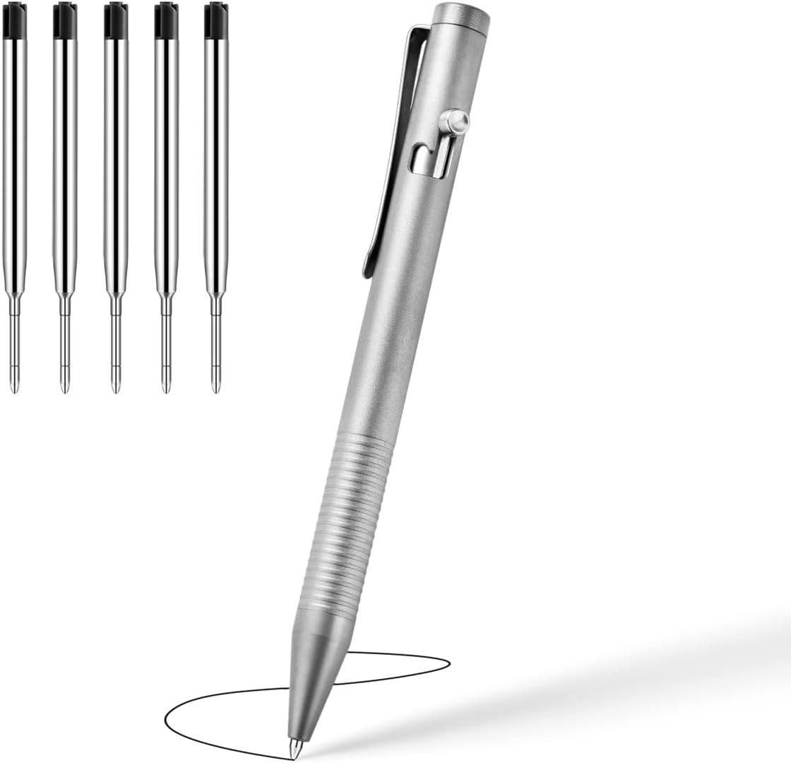 Origin-Joy Titanium Alloy Bolt Action Pen, Slim Lightweight EDC Pocket Tactical Pen With 5 Ballpoint Refills (Metallic)