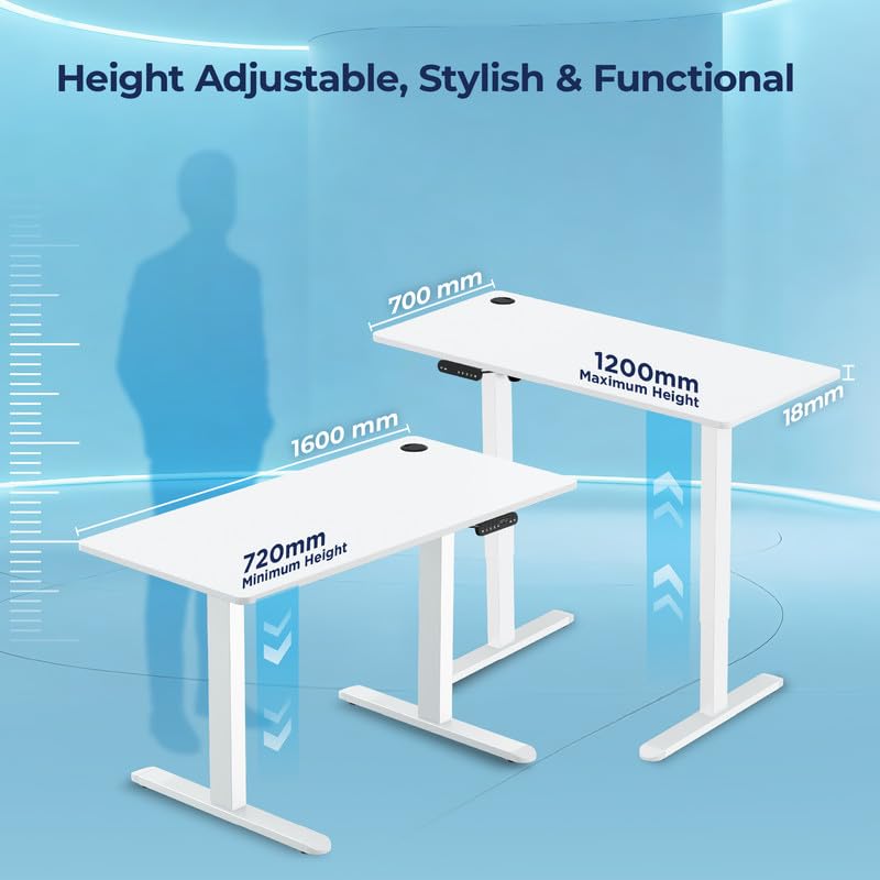 Image of The Sleep Company - AeroPlus Electric Height Adjustable Desk | Ergonomic Work from Home Table | 4 Memory Presets | 2 Years Warranty | 1600 x 700 Thick Top | Free Installation | White & White