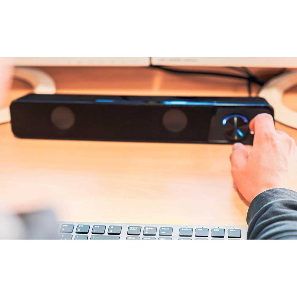 Speedlink BRIO soundbar stereo - per computer, eccellente qualità audio, 12 watt, design compatto, 2 connettori jack da 3,5 mm, presa USB A, regolatore del volume, presa per cuffie e microfono, nero