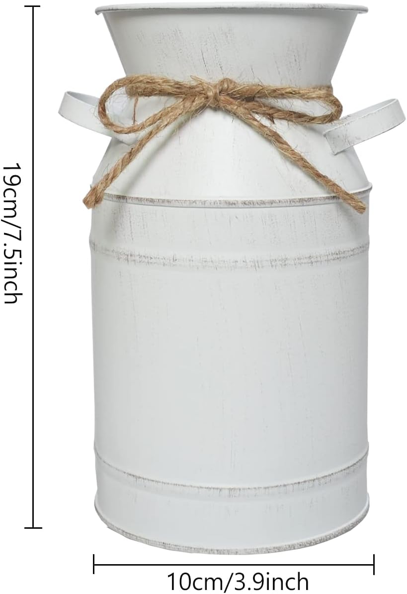 Rustic Shabby Chic Vase, White Small Vintage Metal Milk Can Vase Pitcher Wedding Decorative Flower Vase Farmhouse Home Decor - Image 4