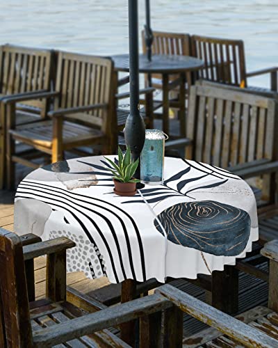 Geometric Leaf Outdoor Round Tablecloth with Umbrella Hole 54 Inch,Wrinkle Free Wipeable Fabric Table Cloth Waterproof Zippered Cover for Patio Party,Abstract Middle-Century Watercolro Painting Grey