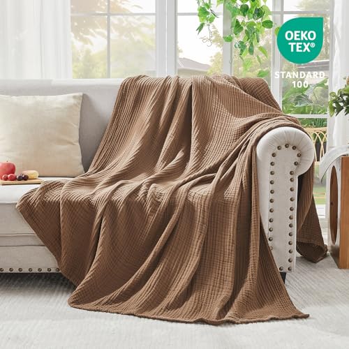 EMME Cotton Muslin King Blanket Bed Layering Breathable Gauze Blanket Soft Lightweight Blankets Adults (Brown, 108"x90")