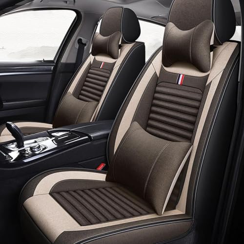 に適用トヨタ ヤリスクロス/ヤリス 10系 車 シートカバー 吸湿性 耐磨耗 通気性 麻素材 360° 全周囲 5D カーシートカバー 肌に優しい 四季対応 伸縮可能 お尻クッション 座布団 分割デザイン(茶色,枕付き)