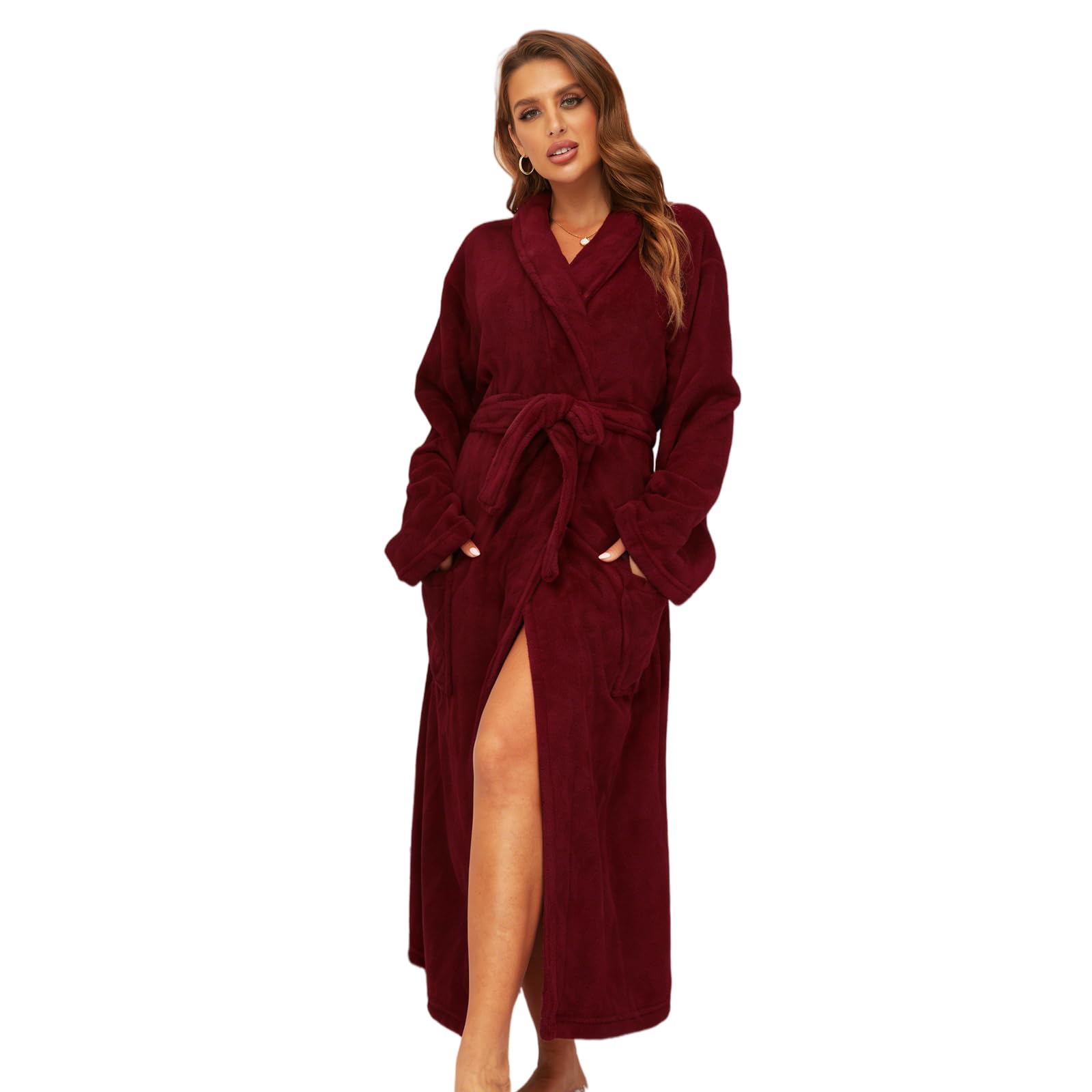 RONGTAI Langer Damen-Bademantel aus Plüsch-Fleece, dick, mit Kapuze, mit Taschen, flauschige Nachtwäsche für Herren