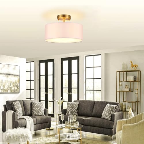 Nut Lighting 15 Inch Drum Light, Semi-Flush Mount Ceiling Light Fixture White Fabric Drum Shade and Gold Plating Finish,Ceiling lamp for Bedroom, Dining Room, Corridor, Living Room - image 7