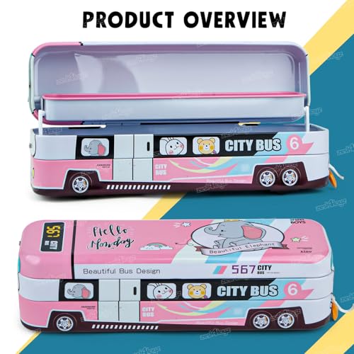 Image of Zest 4 Toyz Pencil Box for Kids Bus-Shaped Metal Pencil Case for Boys and Girls Stationery Organizer with Double Compartments (Pack of 1)-Multicolor