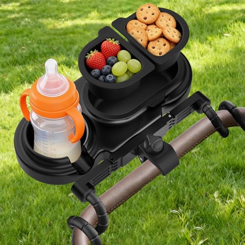 Image of JACZZO Universal Stroller Snack Tray with 3 Detachable Silicone Bowls, Anti-Slip Silicone Grips & Cup Holder, Stroller Attachment for Nuna, Uppababy, Travel Essentials for Baby, Stroller Accessories