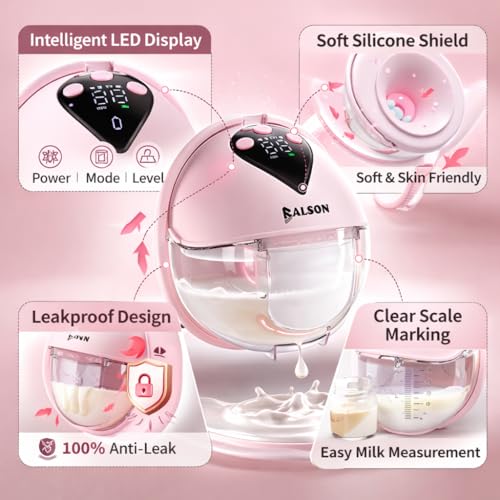Balson Wearable Breast Pumps – Hands Free Portable Breastfeeding Pumps for Feeding Mothers | 4 Modes | 12 Level Automatic Breast Milk Pumps Electric | Silent & Lightweight Pump and Go Breast Pumps (1 Year Warranty) (1) 5 51G8wr12zRL