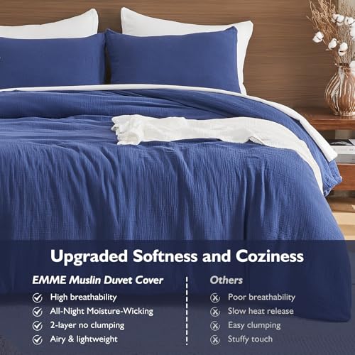Image of EMME Muslin Cotton Duvet Cover Set Navy Twin Size Linen Like Soft Breathable Lightweight Summer Comforter Cover Set with Zipper Closure (Navy, Twin, 68 inchx90 inch)