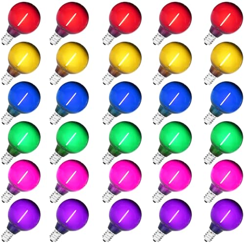Image of 30 Pack G40 Colored LED Bulbs 1 Watt - Red, Green, Blue, Purple, Pink, Yellow String Lights - Plastic Shatterproof E12 Base Outdoor Replacement for Christmas Halloween, 120 Volt