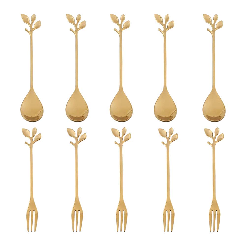 CTRLZS 5Spoon+5Forks Stainless Steel Leaf Coffee Cake Spoon Fork Dessert Spoons, Stirring Teaspoon Set Golden
