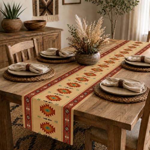 Image of Southwestern Aztec Table Runner, Vibrant Colorful Geometric Tribal Pattern Faux Linen, Bright Boho Dining Decor for Kitchen Table 13x36 Inch