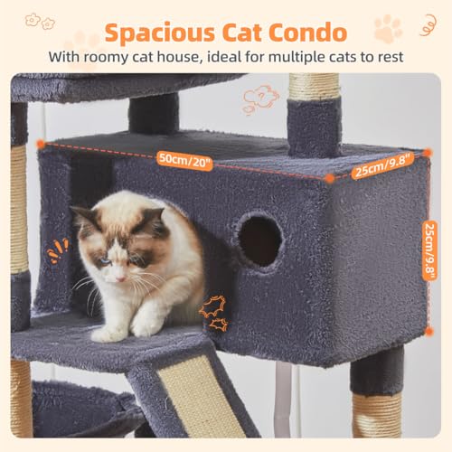 Image of Taoqimiao Cat Tree 57.5-Inch, Cat Tower for Indoor Cats Large Adult, Extra Large Cat Condo, 8 Sisal Scratching Posts, Metal Frame Cozy Hammock, Durable Scratch Board, 2 Top Perches, Smoky Gray MS026G