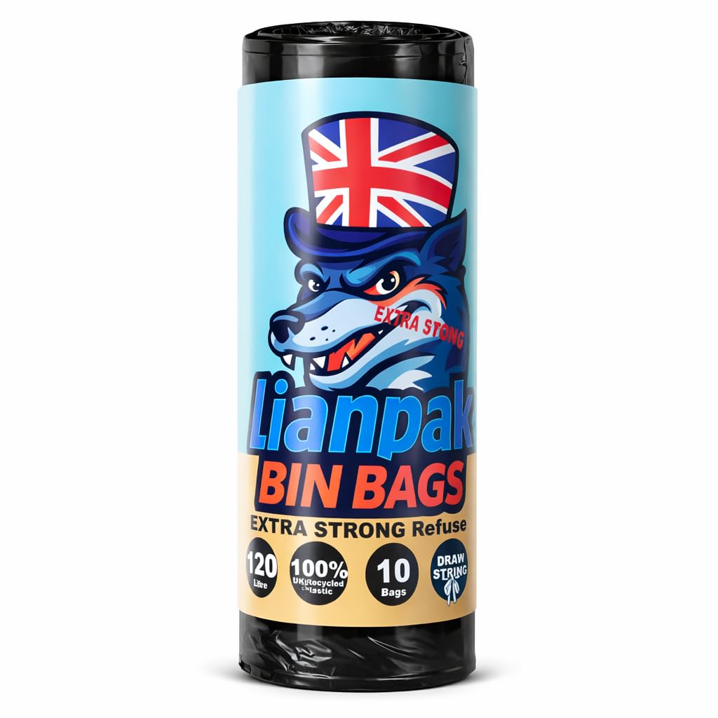 10pcs Lianpak Heavy Duty Extra Strong, Drawstring, 120L All-Purpose Large Refuse Sacks, Bin Bags, Bin Liners, Recycled, Tear Resistant, Every Day, Household, Kitchen, Commercial,10 Bags/Roll, 1 Rolls