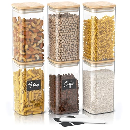 Arendo - Vorratsgläser mit Deckel - 6er Set - Behälter aus Glas – hitzebeständig – Vorratsdosen mit Bambusdeckel - luftdicht - für Müsli Zucker Mehl Kaffee Reis