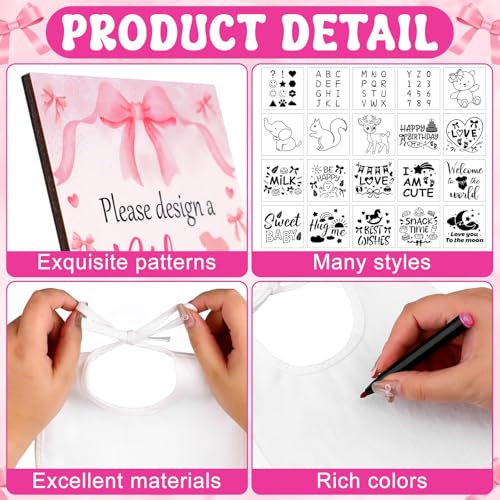 FIONUPI 55 Pcs Baby Bibs Decorating Kit Includes 1 Wooden Pink Bow Baby Shower Game Sign 22 DIY White Bibs 22 Bow Stencils 10 Colorful Markers Supplies for Shower Games3