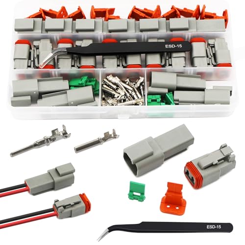 Twippo 2 Pin Deutsch Connector Kit 10 Sets, Gray DT Connector Kit, 2 Pin Automotive Waterproof Wire Connectors, Electrical Connectors Kit with 16Stamped Contacts for Car, RV, Truck Wiring 22-16AWG