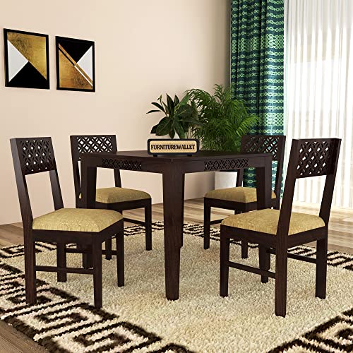 Image of Solid Sheesham Wood 4 Seater Dining Table Set with Cushioned Chairs for Dining Room | Living Room | Home & Office | Hotels Restaurant & Cafe (4 Seater, B-Walnut)