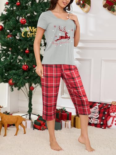 Image of YIJIU Women Soft Comfy Pajamas Cute Cat Short Sleeve Capri Pants PJS Set