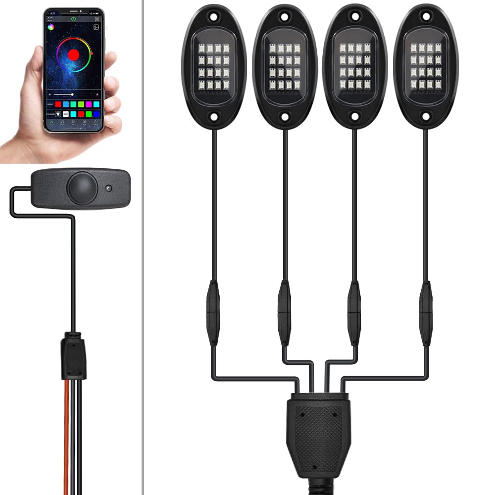 RGB LED Rock Lights Kit mit APP/Fernbedienung/Musikmodus, High Power Multicolor Neon Underglow Wheel Light Kompatibel mit Lastwagen Anhänger Boot SUV Off Road ATV UTV RZR (4 Pods)