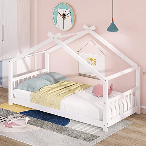 Merax Twin Wood Low House Bed with Headboard and Footboard Floor Bed Frame for Boys,Girls, Easy Assembly (Twin, White)