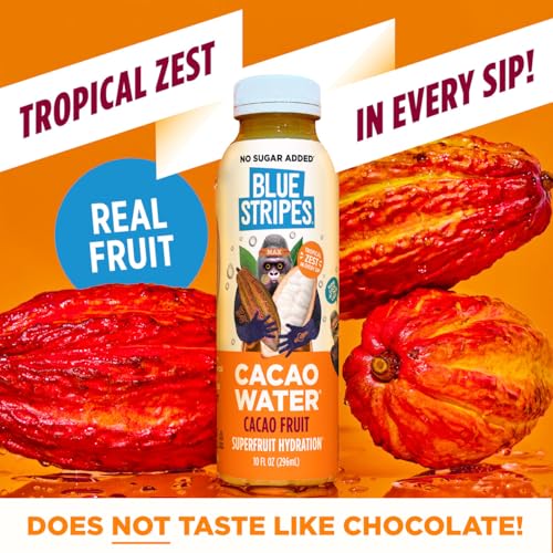 Image of Blue Stripes Cacao Water - Hydration Drink with Natural Electrolytes & Antioxidants | Cold Pressed Juice and Water with No Sugar Added | Plant Based, Non GMO | Cacao Fruit 10 Fl Oz (12 Pack)