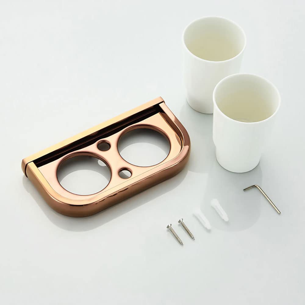 Portacepillos de dientes montado en la pared, Vaso doble de cerámica for pasta dientes, latón chapado en oro rosa, for lavabo, con tornillos montaje