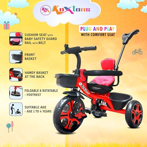 Image of Tricycle for Kids with Comfy Seat - The Parent's Choice for 1-5 Years Old, 30kg Max, Luxurious & Durable Trike. Advanced Parental Control Handle and Safety Belt, Red