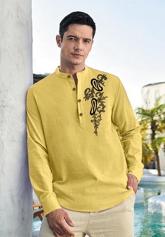 Image of Men's Printed Cotton Blend Short Kurta | Regular Fit Casual Kurta Shirt for Men with Mandarin Collar | Ethnic