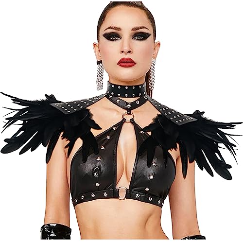 keland Epaulettes de Plumas Cuero Capa Chal Poncho con Gargantilla Punk Halloween Costume Accessory (C-Negro)