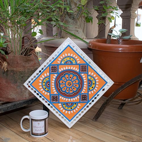 Image of Ethnics of Kutch Traditional Kutch Handicraft Mud-Mirrorwork Lippan Kam Wall Art (Water and Break Resistant) - Square (12 inch x 12 inch) - (White - LKT-0220)