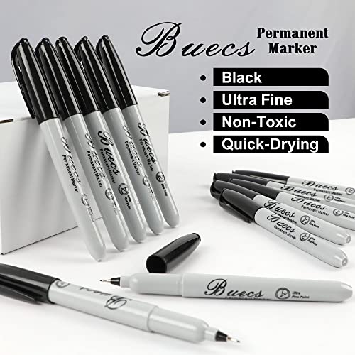 Buecs Permanent Markers, 60 Count Ultra Fine Point Black Permanent Markers, Works On Paper, Plastic, Stone, Glass, Metal #TOP3