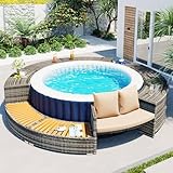 Tcewhhy Conjunto De Ocio para Piscina, Ratán PE Resistente A Los Rayos UV Y Madera De Acacia, Estructura De Acero Galvanizado, Incluye Cojines Dobles, para Piscinas De hasta 200 Cm De Diámetro