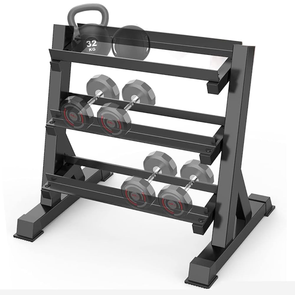 FFitness Rastrelliera per Manubri 3 Livelli Supporto Porta Pesi Bilanciere Kettlebell Rack Carico Max 500 Kg Espositore in Acciaio Multifunzione