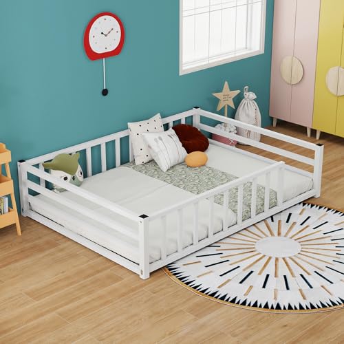 VECOCHO Bodenbett120x200cm, Bettgestell 120 x 200 Metallbett,Bett120×200cm mit Rausfallschutz & Lattenrost Bett für Jungen,Mädchen,Jugendbett Individual, leicht zu MONtieren und Stabil,Weiß