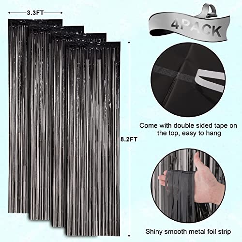Image of Voircoloria 4 Pack Black Foil Fringe Backdrop Curtains, Tinsel Streamers Birthday Party Decorations, Fringe Backdrop for Graduation, Baby Shower, Gender Reveal, Disco Party