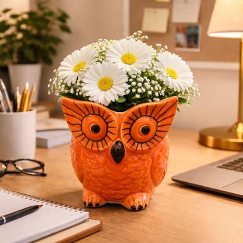 HANDECORA Ceramic Owl Vase & Planter for Home Decor | Hand-Painted Decorative Pot for Natural Flowers & Succulents | Indoor Garden, Living Room & Office Desktop Decor (4.5-inch) (Orange)