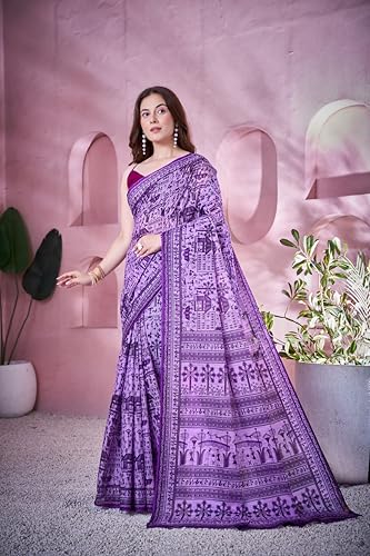 Image of TAMAIRA FASHION Off White Mulmul Pure Cotton Saree For Woman Warli Printed|Office Wear Daily Wear Sarees For Women Without Blouse Piece (Available in 21 Colours)