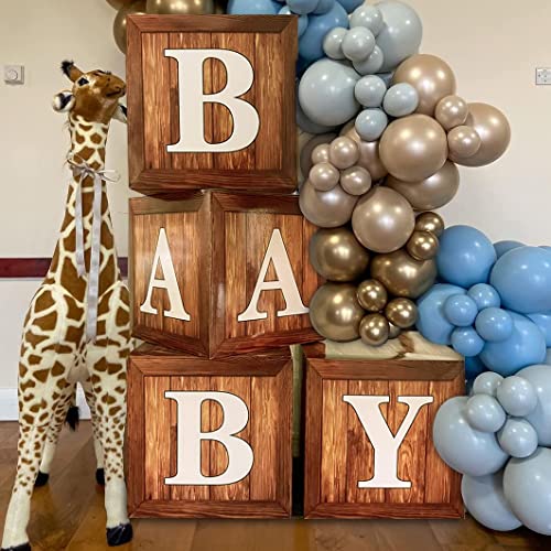 Image of Wood Grain Printing Baby Shower Display Boxes Party Decorations, Neutral Gender Reveal Party Backdrop, Brown Teddy Bear Baby Stacking Blocks Backdrop with Letters for Boy Girl Birthday Party