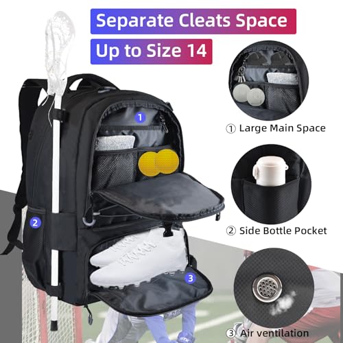 AUMTISC Lacrosse Bag Backpack Extra Large, with 2 Stick Holder, Separate Shoes Cleats Compartment, and Hidden Zipper Net Holds for Helmet, Holds All Lacrosse Equipment or Field Hockey Gear - Thumbnail 3