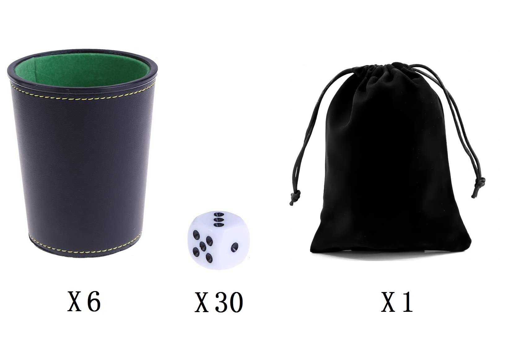 Leather Dice Cup, Quite Felt-Lined Interior, 6 Shaker Cups and 30 Dot Dices, one Carry Bag (Black and Green)