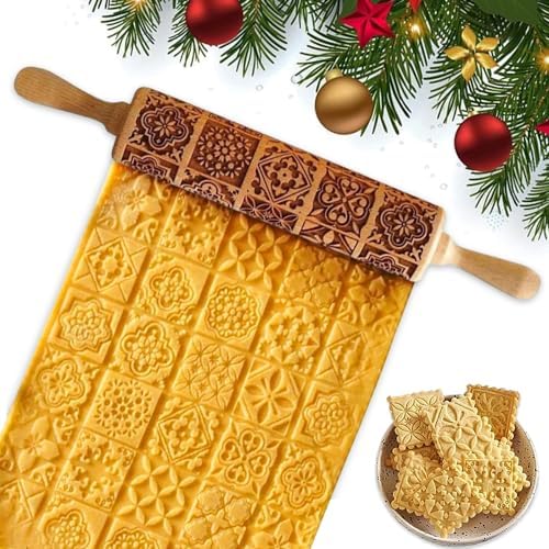 Aoreun Weihnachten Geprägt Teigroller，Weihnachts-Nudelholz aus Holz mit Weihnachten Schneeflocke，3D Nudelholz Muster Prägerolle zum Backen von geprägten...