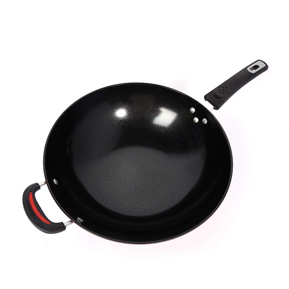 Acero Carbono Wok Fondo Plano, Woks Y Sartenes Woks Hechos A Mano/Mango De Plástico De Fondo Plano Utensilios De Cocina Antiadherentes, Rojo,34cm(13.4")