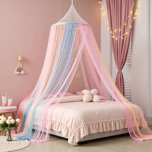 Rainbow Princess Bed Canopy for Girls, Mosquito Net Bed Canopy for Twin/Full/Queen Size Bed, Hanging Bed Net, Bedroom Decor with Hanging Kit, Easy Install Travel Canopy with Storage Bag