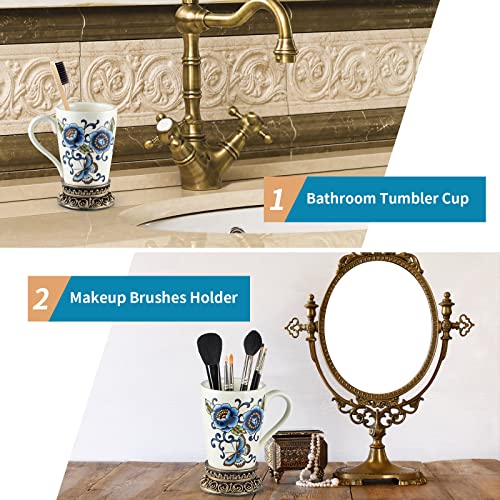Sanbege Ceramic Bathroom Tumbler Cup With Antique Brass Pedestal, Vintage Floral Toothbrush Mug For Mouthwash Rinsing, Toothpaste Holder, Makeup Brushes Organizer (Blue Butterfly) #TOP4