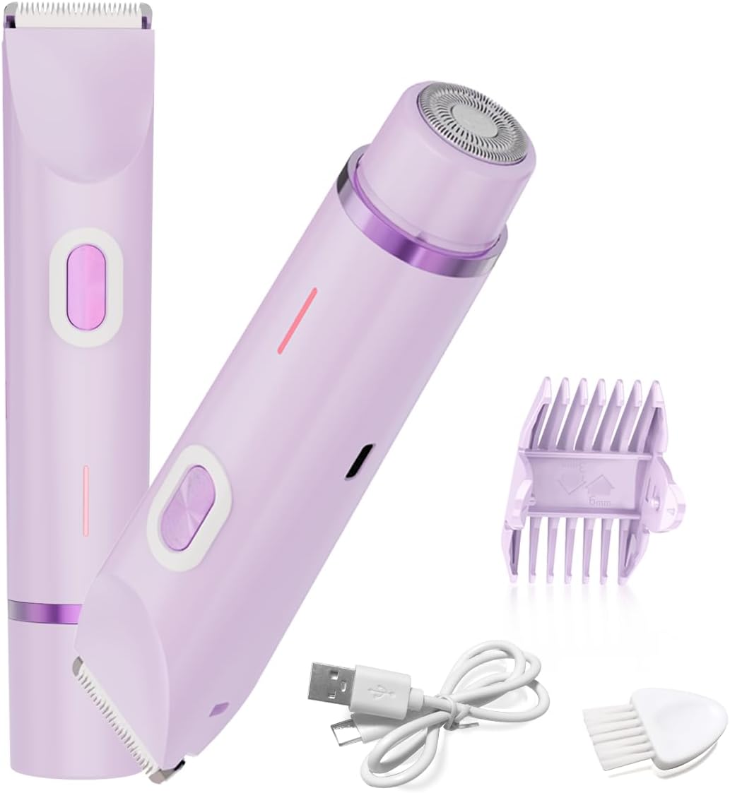Bikini Trimmer for Women,2-in-1 Electric Razors for Womens with Painless Ceramic Blades,Waterproof Wet & Dry Use,Rechargeable Dual Head Electric Shaver for Pubic Legs Underarm Face Hairs& Body