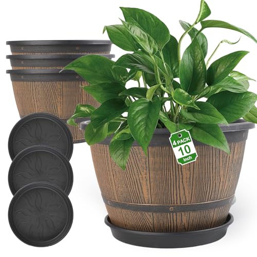 10-inch-Plant-Pots-Indoor-Outdoor, 4 Pack Whiskey Barrel Planters with Drainage Holes & Saucer, Plastic Flower Pots Imitation Wine Barrel Design, Decorative Garden Pots for Plants
